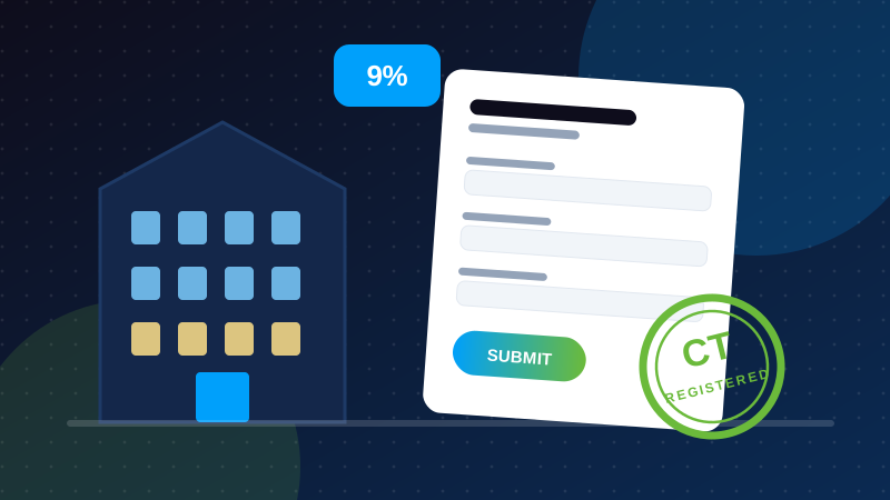 Illustration of an office building and a corporate tax registration form with a CT stamp