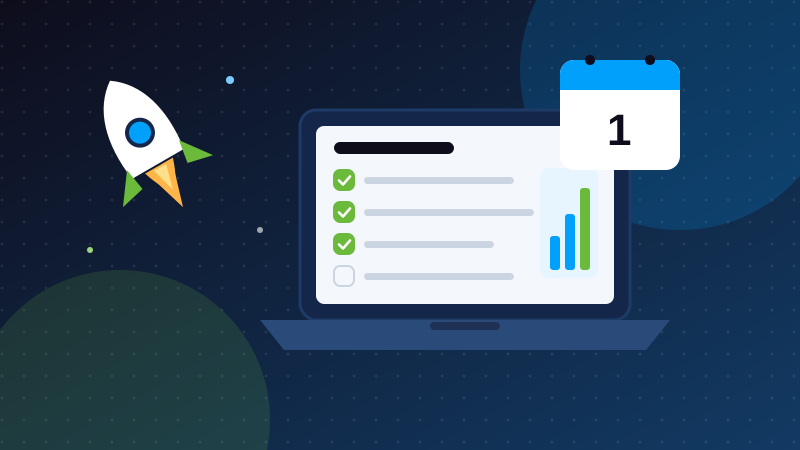 Illustration of a start-up checklist on a laptop with a rocket and calendar