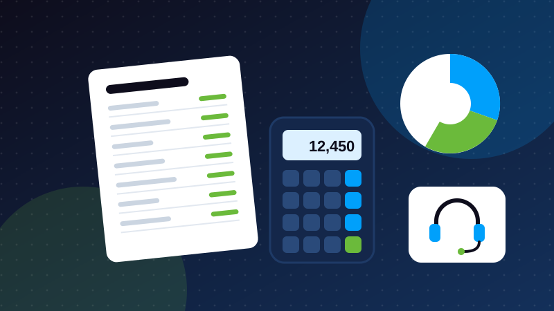Illustration of a ledger, calculator, pie chart and support headset