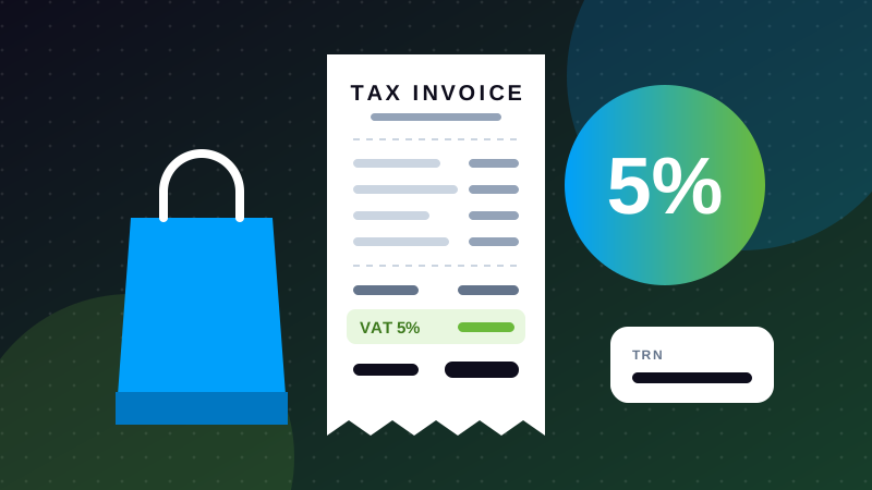 Illustration of a tax invoice showing 5% VAT beside a shopping bag