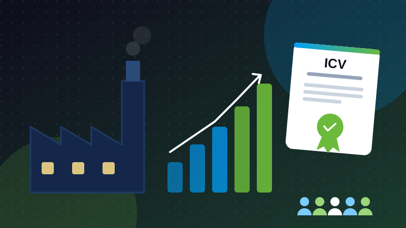 Illustration of a factory, rising bar chart and an ICV certificate